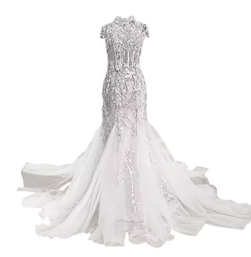Customized Elegant High Neck Silver Grey Mermaid Wedding Dress with Beaded Lace Appliques and Train Bridal Reception Elopement