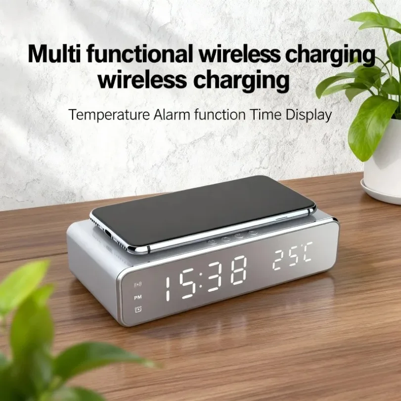 

Настольное беспроводное зарядное устройство с будильником, LED-термометром и быстрой зарядкой для iPhone 17-12, Samsung