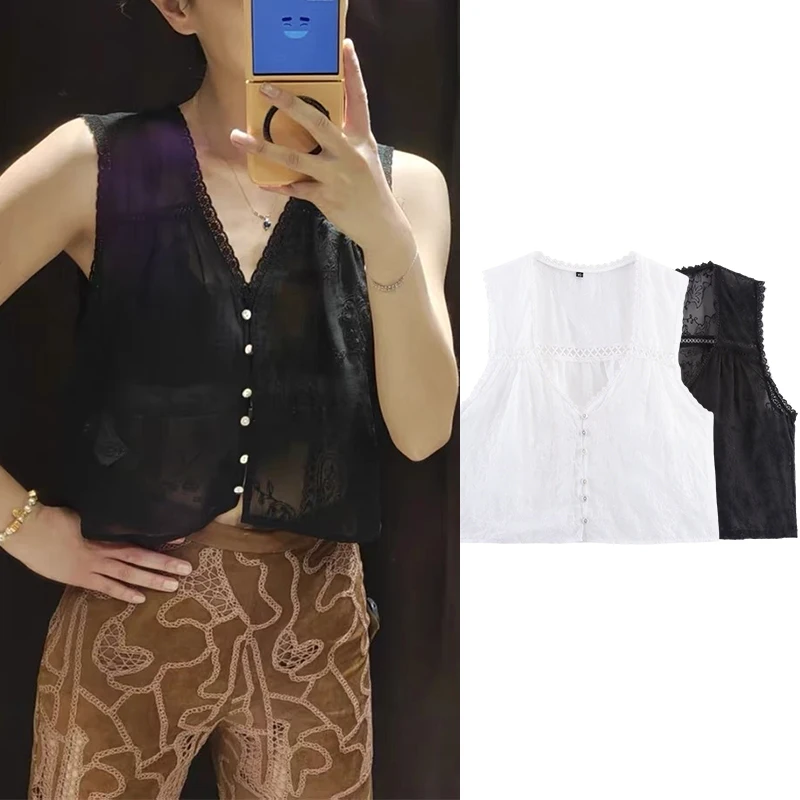 

TRAFZR Summer Shirt Elegant Women's Embroidery Black Tops Woman 2025 Shirts Female Short Sleeve Vintage Fitted White Crop Top