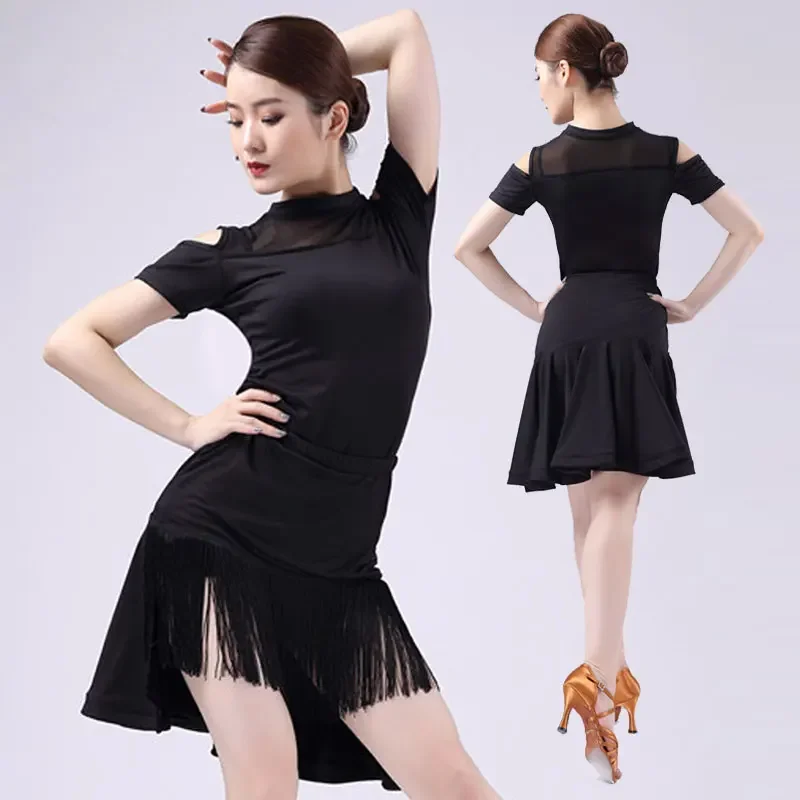 

Latin dance skirt new adult female sense tassel suit summer Slim professional Latin dance top fashion mesh short sleeve suit