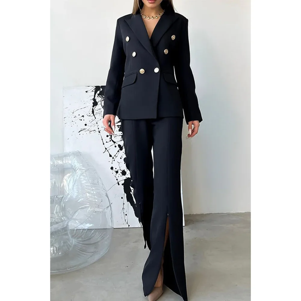 Women Suits Navy Blue Elegant Double Breasted Peak Lapel Clothing Slim Fashion Formal Casual Office Lady Basics Pants Sets