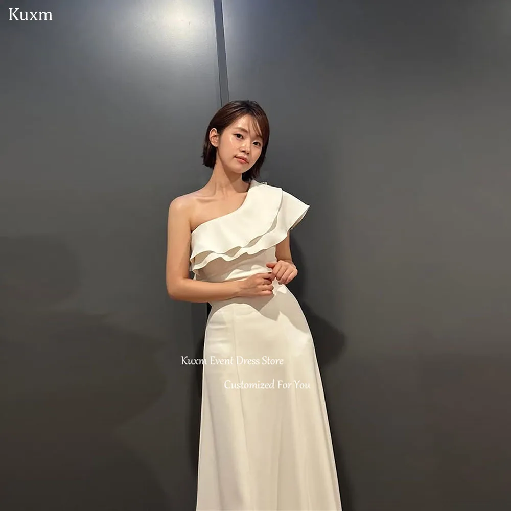 Kuxm Strapless A Line Korea Wedding Dress One Shoulder Satin Bridal Gown Photo Shoot Floor Length Robe De Mariée Customized