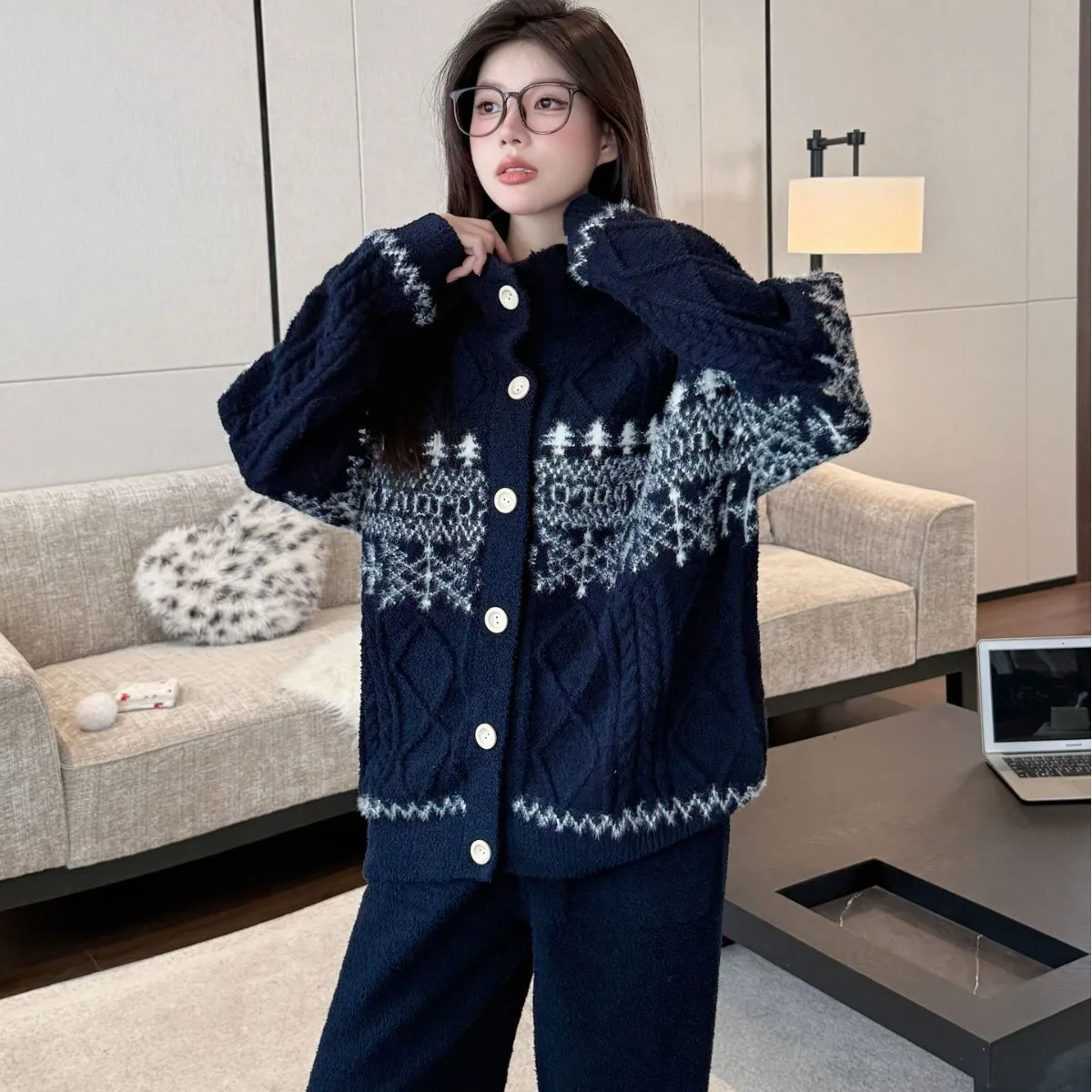Ladies Autumn Winter Thick Flannel Fleece Sleepwear Lapel Print Elegant Home Loungewear Long Sleeve Pants