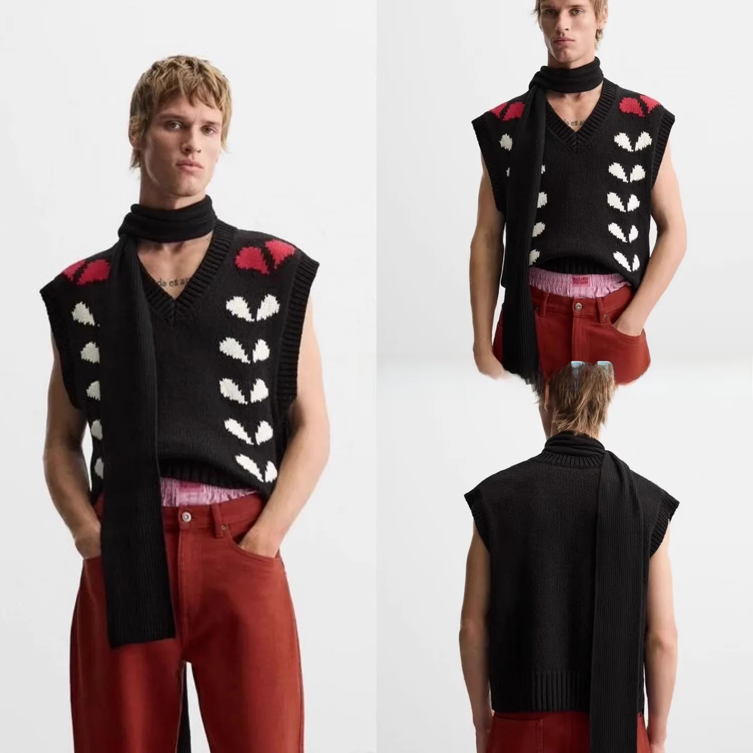 

Подарок на День святого Валентина: Мужской вязаный жилет с вырезом в форме сердца, с рваным узором, V-образный вырез, весенняя новинка, повседневный свободный крой, модный.