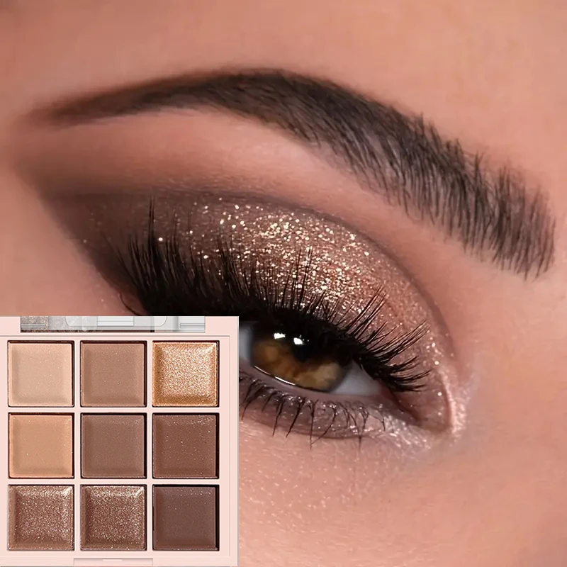 9色のアイシャドウパレット、コーヒーブラウン＆ヌードメタリックトーン、マットグリッター＆メタリック仕上げ、スモーキーメイクアップ、パーティー＆ステージ