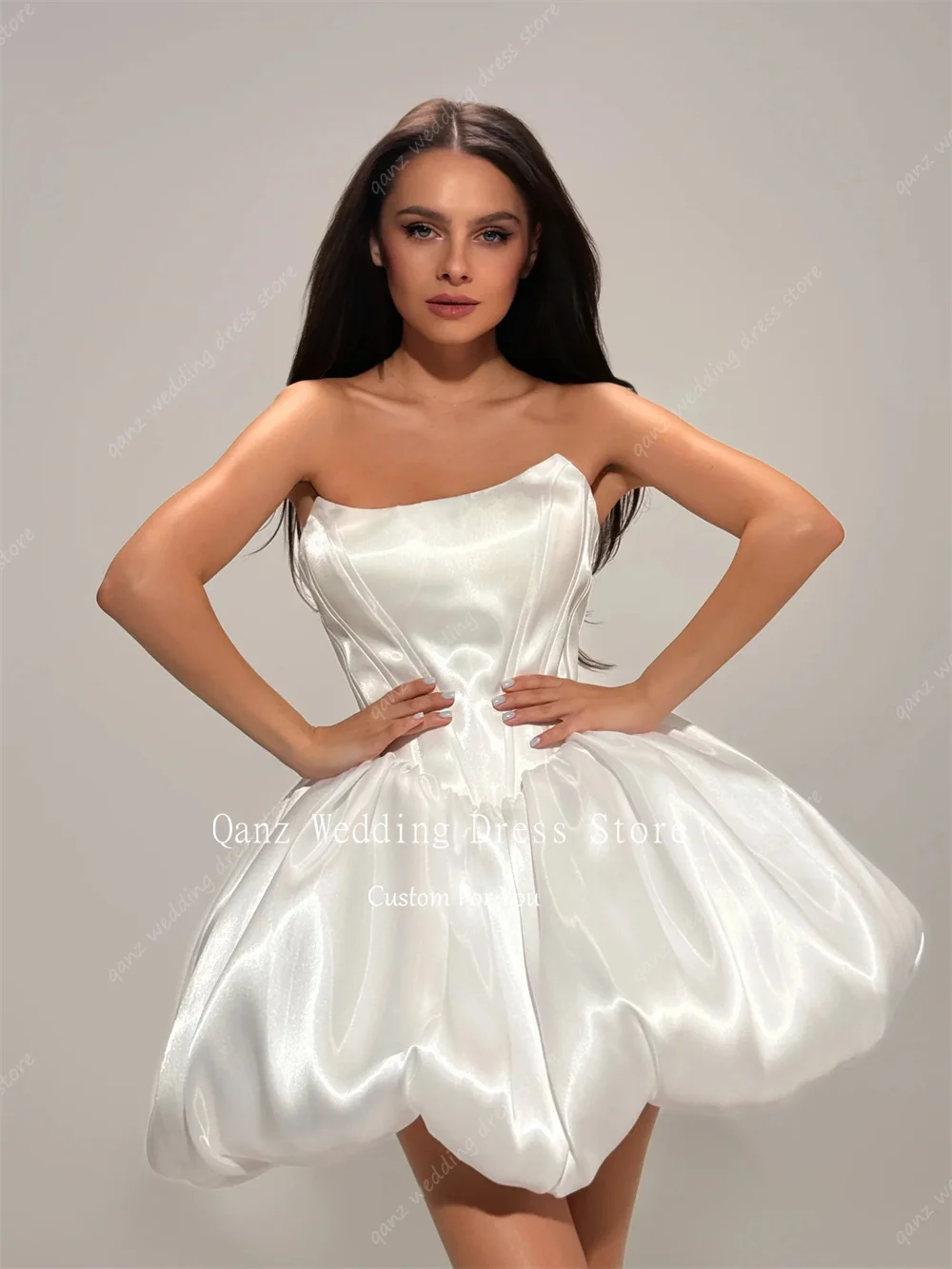 Qanz White Shiny Satin Wedding Dress Strapless Short A Line Bridal Gowns Mini Puffy Vestido De Novia Boda Civil Customized
