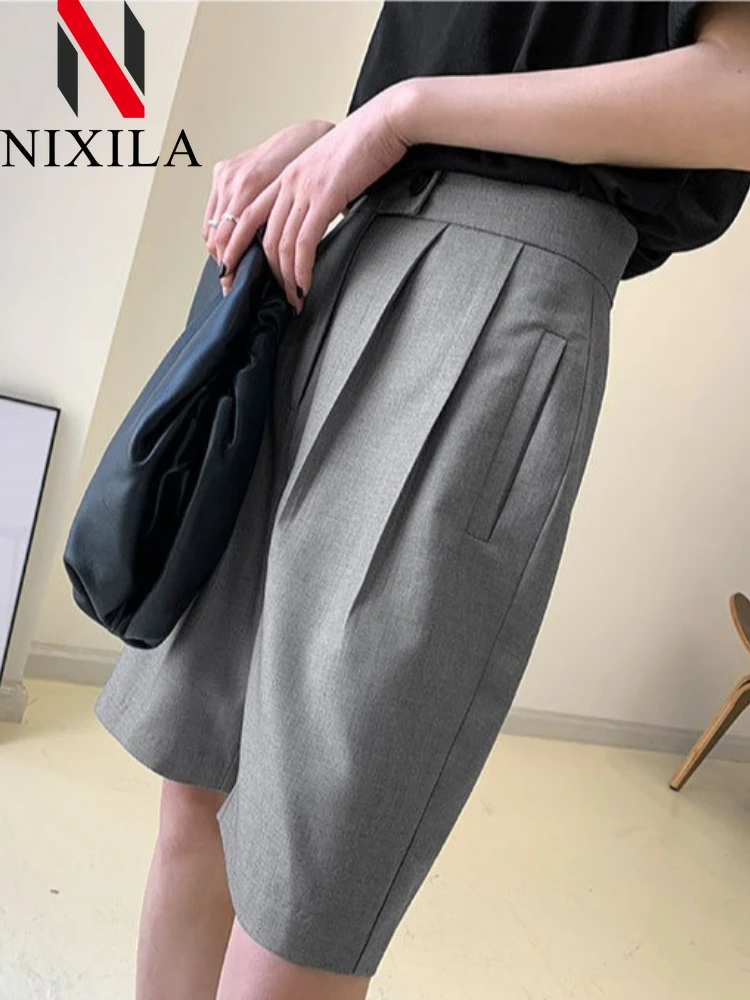 New in Summer Fashion Ladies Wide Leg Suits Shorts Casual High Waist Double Button Solid Color Straight Office Lady Shorts Pants