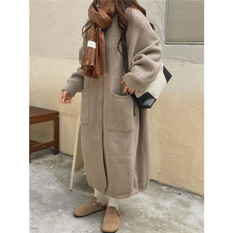 

Однотонный свободный женский свитер средней длины с высоким воротом, пальто, весна-осень, корейский однобортный повседневный вязаный кардиган с длинными рукавами 6762 #