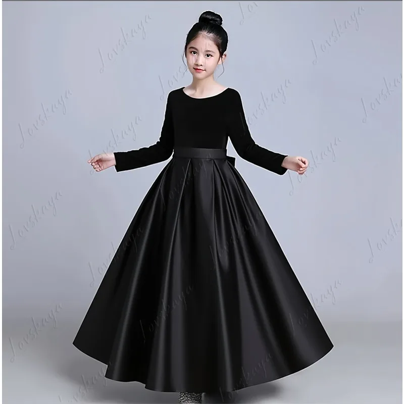 

Черное бархатное детское платье с длинными рукавами для выступления на фортепиано, платье для девочки, пышная юбка для хозяина скрипки