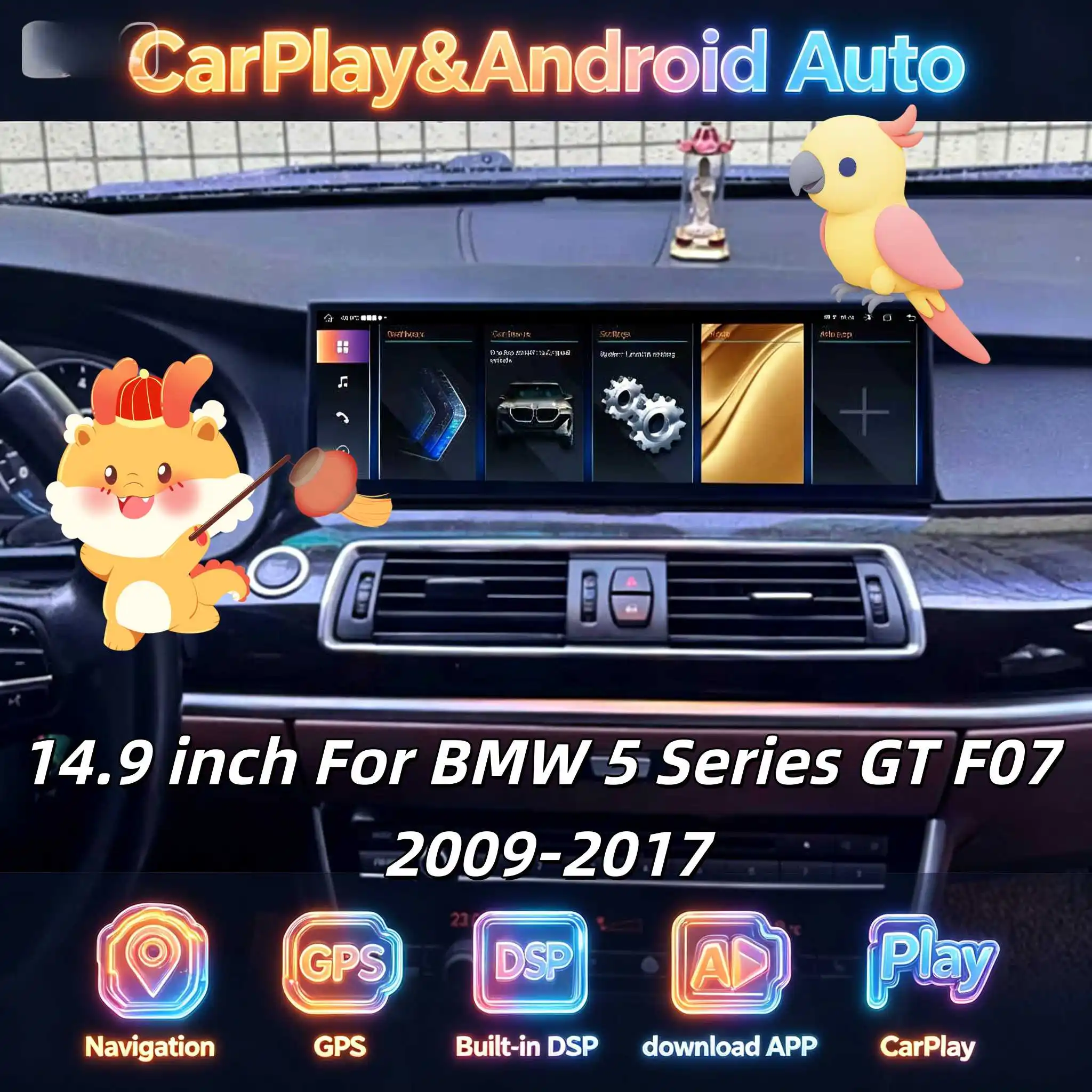 

14,9-дюймовый экран Android 14 с CarPlay для BMW 5 GT серии F07 2009-2017, мультимедийный проигрыватель, GPS-навигация, автомобильная магнитола, Bluetooth