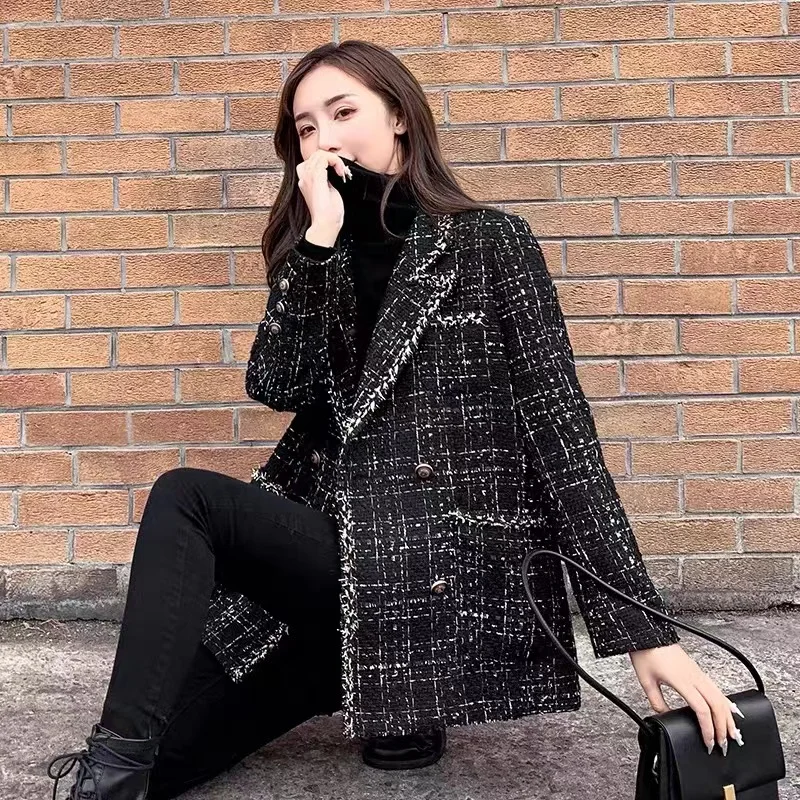 In Stock, Padded and Thickened: Women's Loose Plaid Wool Coat, Elegant Tweed Noble Lady Patchwork Blazer Female Office Lady Top