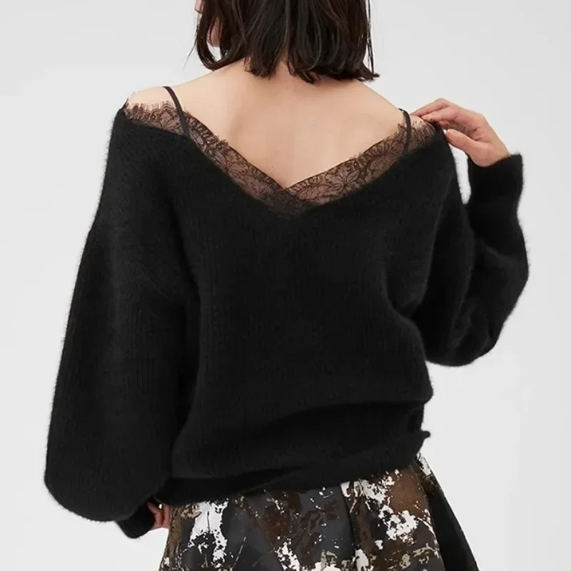 Lace Spliced Sweater Fall Loose Womens Clothing Off Shoulder Long Sleeve Ropa Mujer V Neck Pullover Tops Japan Women Knitwear