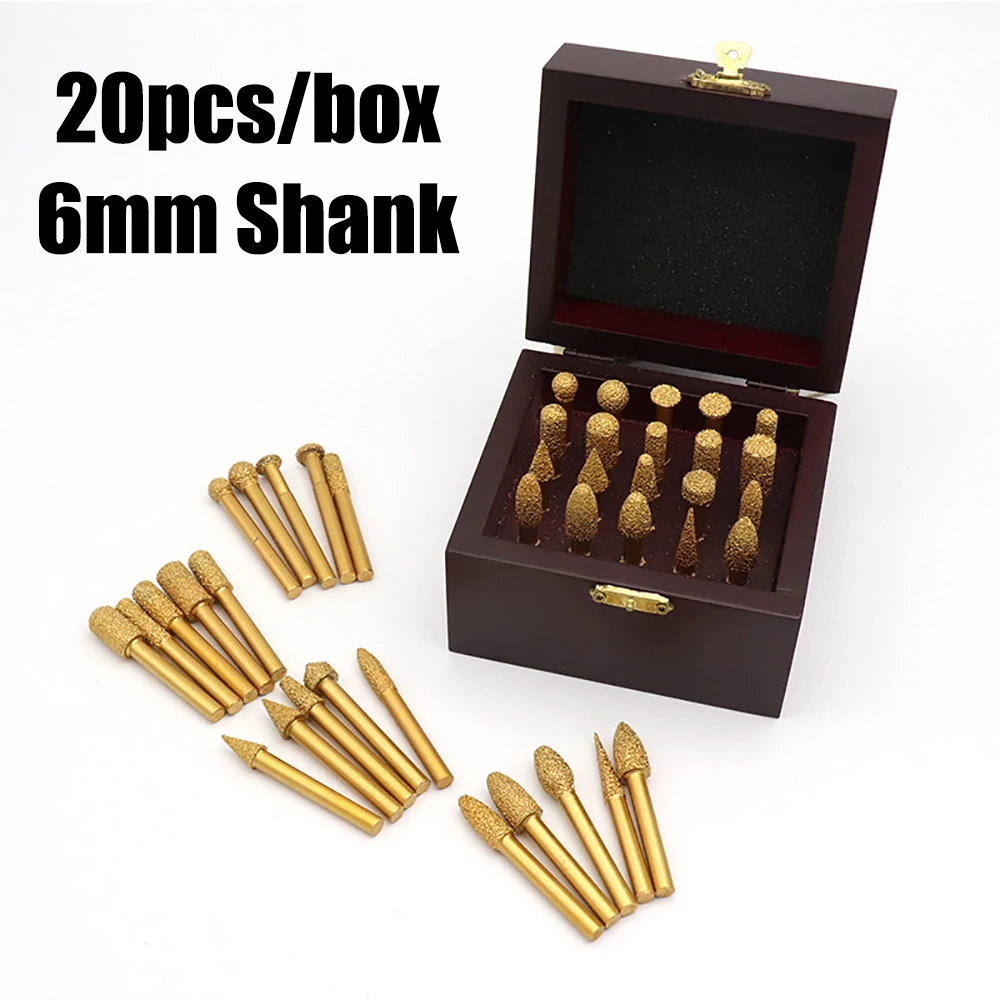 

6 мм хвостовик, вакуумная пайка, шлифовальный роторный напильник, гравировальный станок по камню, мрамору, станок с ЧПУ, резьба, шлифовальная головка, фреза, 20 шт.