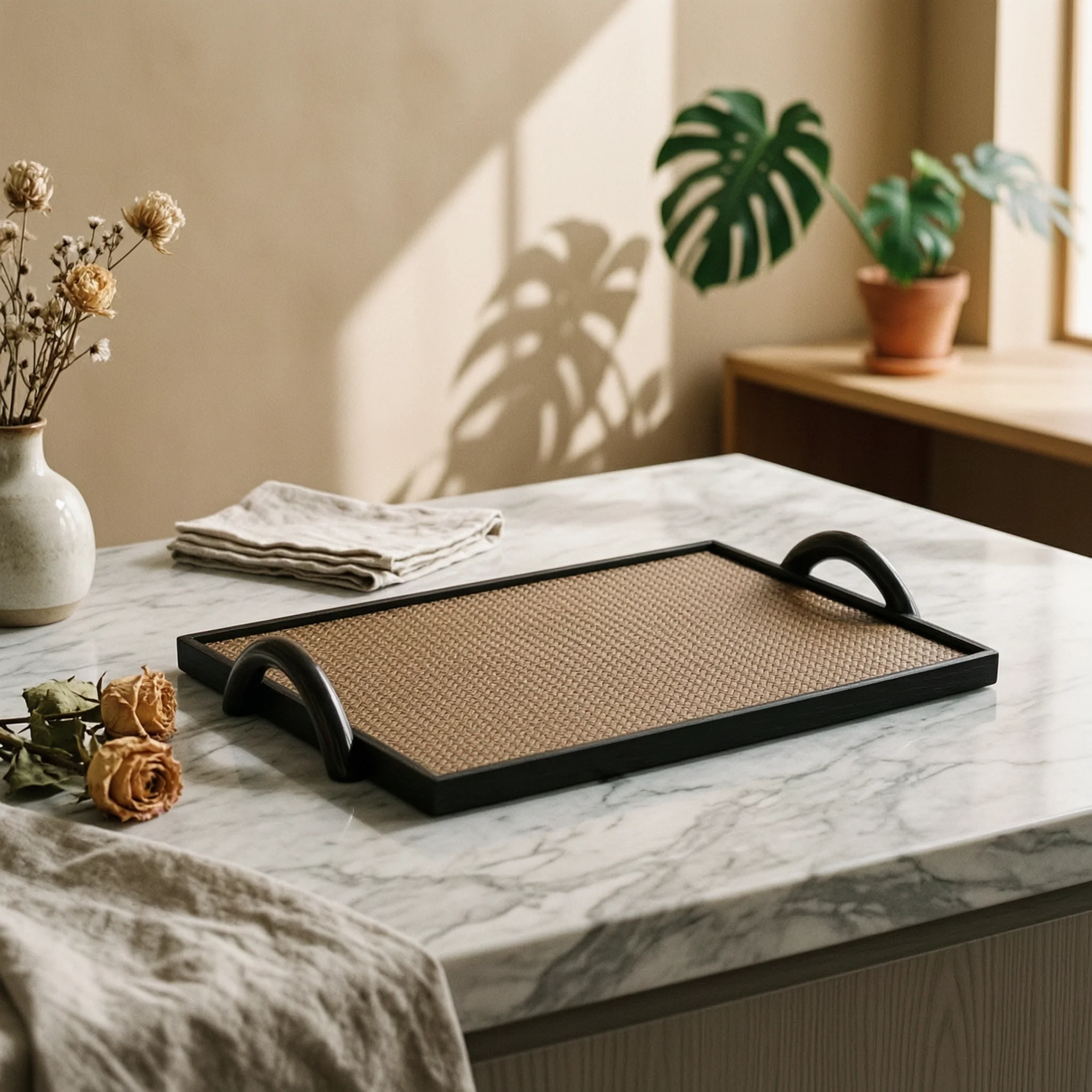 Leather Tray with Handles Textured Rectangular Tray with Metal Handles Contemporary Elegant for Interior Designers, Coffee Table