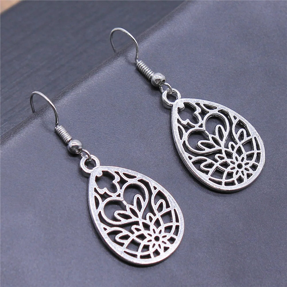 Fashion Handmade Antique Silver Color Drop-Shaped Hollow Pattern Earrings Making Pendant Earrings Vintage Drop Earrings