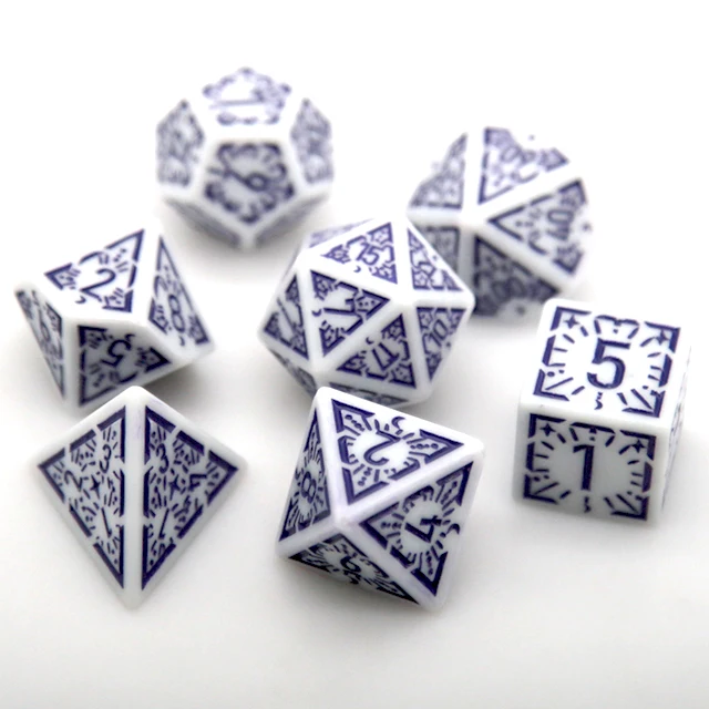 7Pcs White Blue Acrylic DND Dice Set Vintage Pattern Polyhedral RPG Dice For Tabletop Role Playing Board Game Accessories
