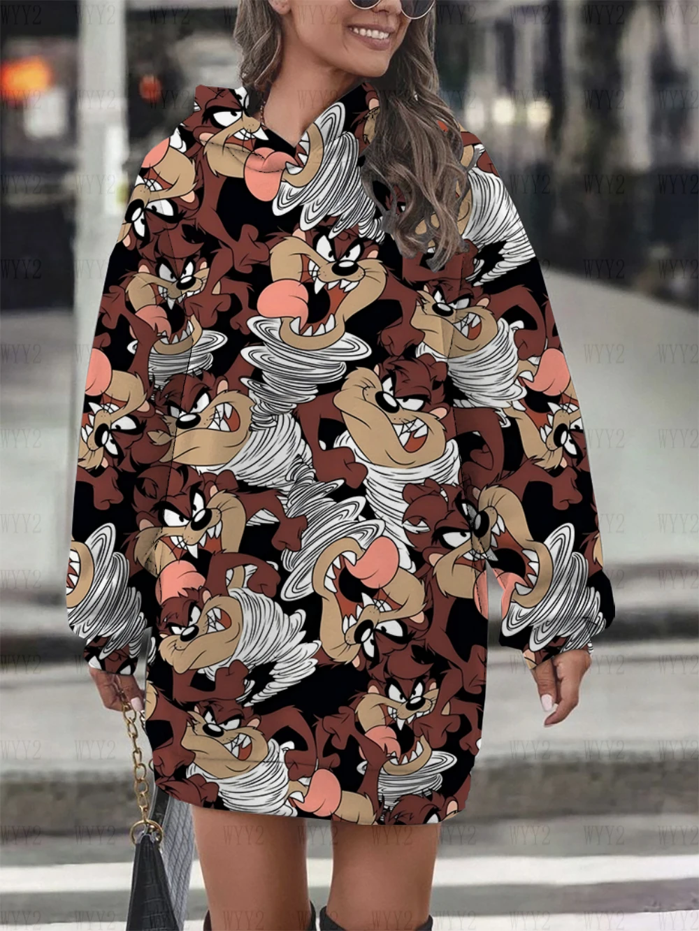 Disney-Muster Herbst und Winter Damen neues bedrucktes Kapuzenpulloverkleid locker lässig einfaches langärmeliges Kleid bequem