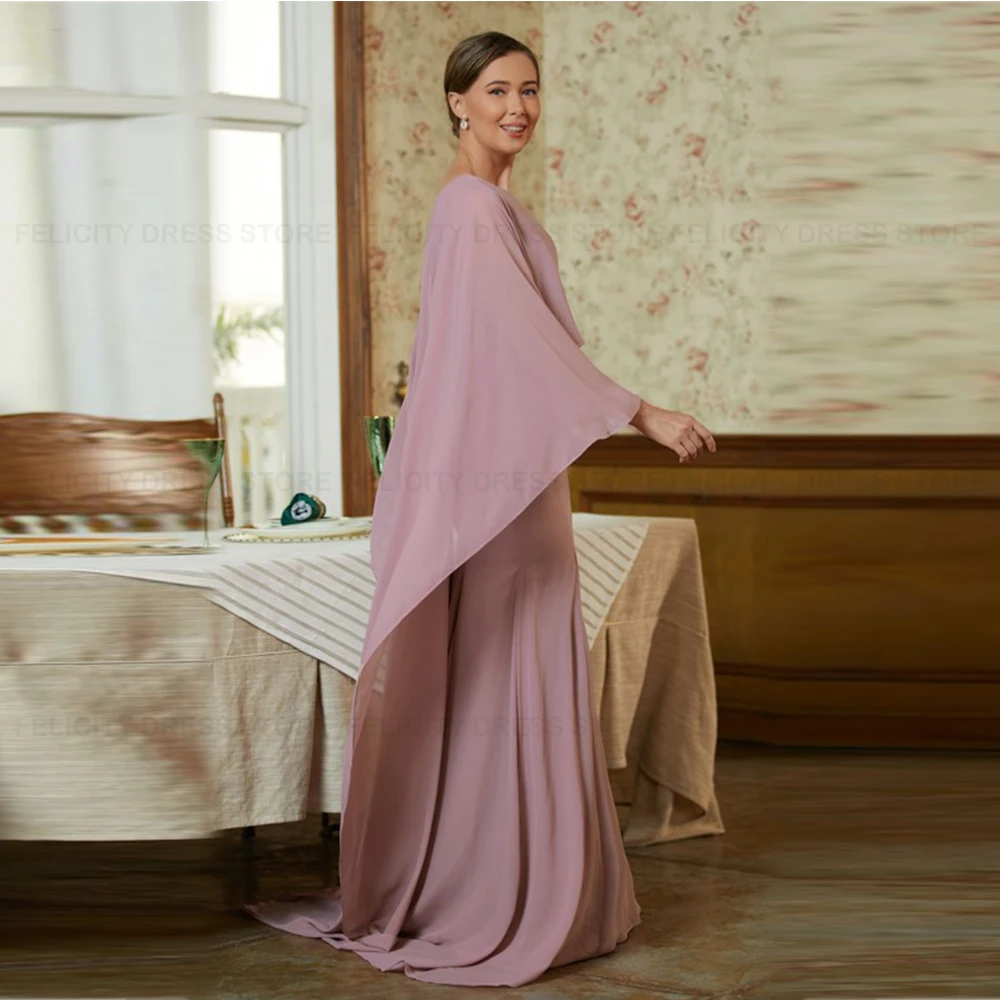 Moderne Hochzeits gast Kleider Scheide Chiffon Rüschen Schaufel Mutter der Braut Kleid lange Ärmel fegen Zug Abendkleider