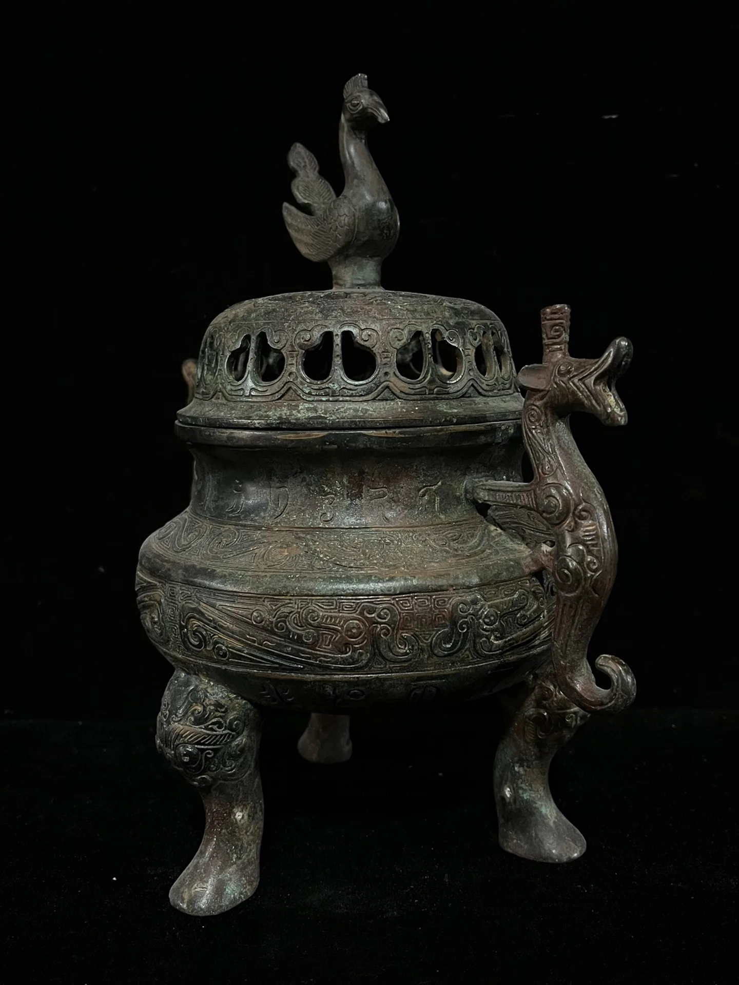 Very rare han Dynasty bronze censer,Bronze Red-Spotted Green-Rusted Double Dragon Standing Bird Incense Burner,free shipping