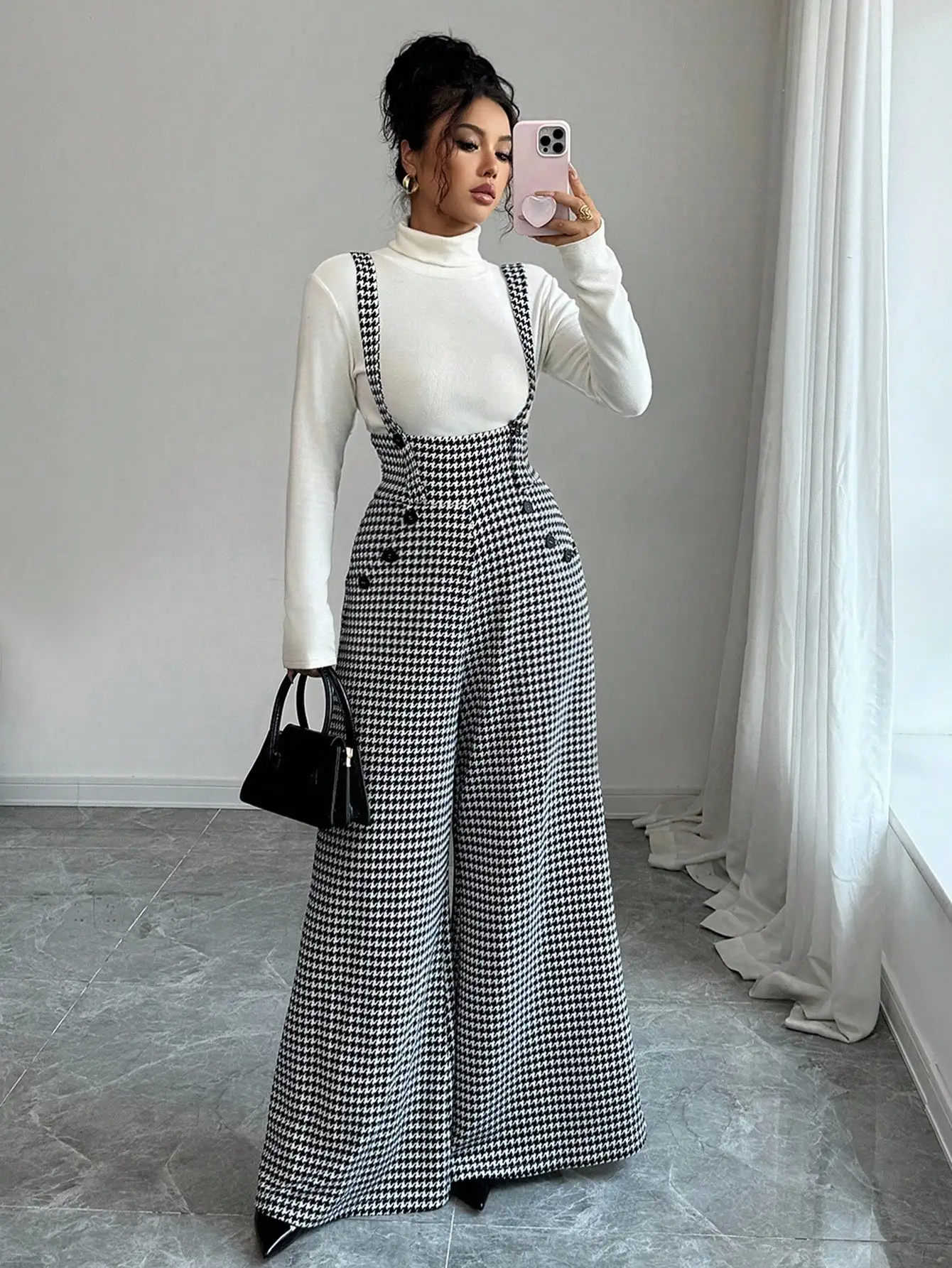 Women's Houndstooth Print Wide Leg Overalls High Waist Suspender Pants with Double Breasted Buttons Casual Fall Overalls Outfit