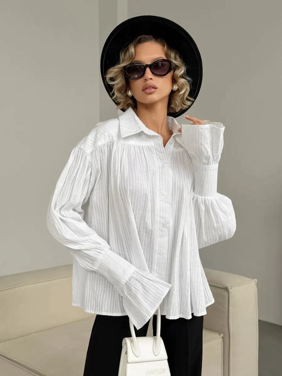 

Striped Jacquard Flare Puff Sleeve Blouse Women Summer Fashion Cotton Loose Shirts Blouses Lady Casual Elegant Shirt Tops 2025