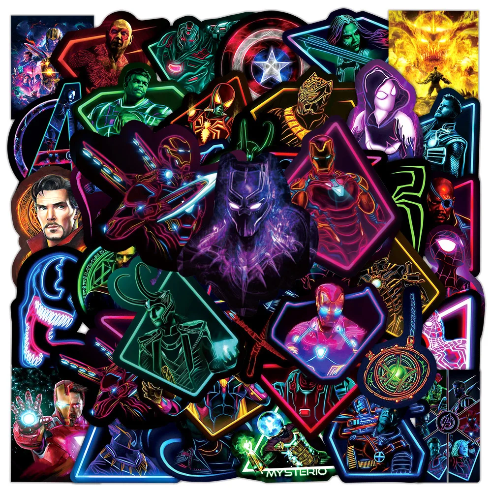 10/30/50/100pcs Neon Style Marvel Cartoon The Avengers Stickers Spider-Man Iron Man Anime Decals Cool Reward Sticker Toys Gifts