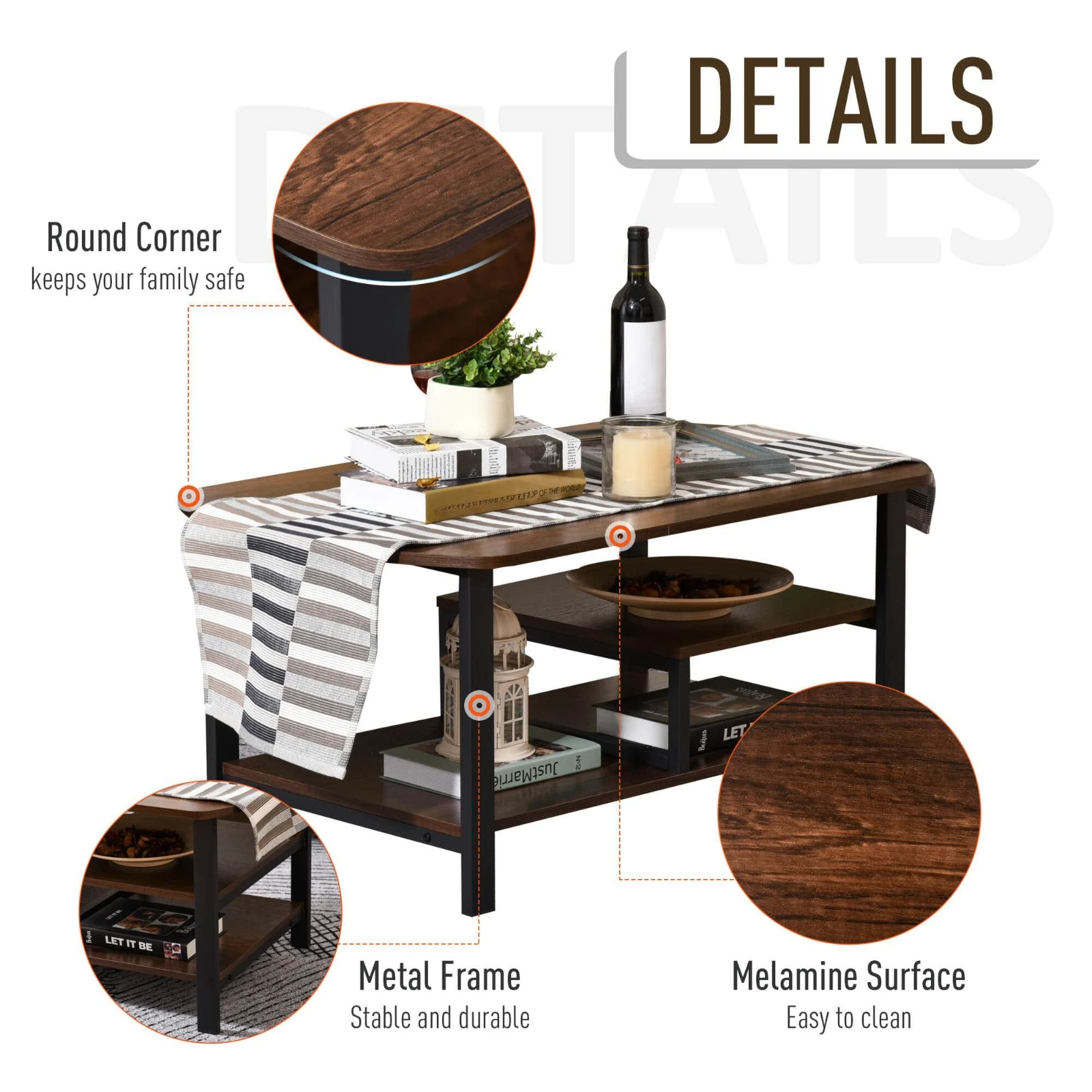 US 39.25 in. Rectangular Particle Board Coffee Table with 3 Storage Shelves