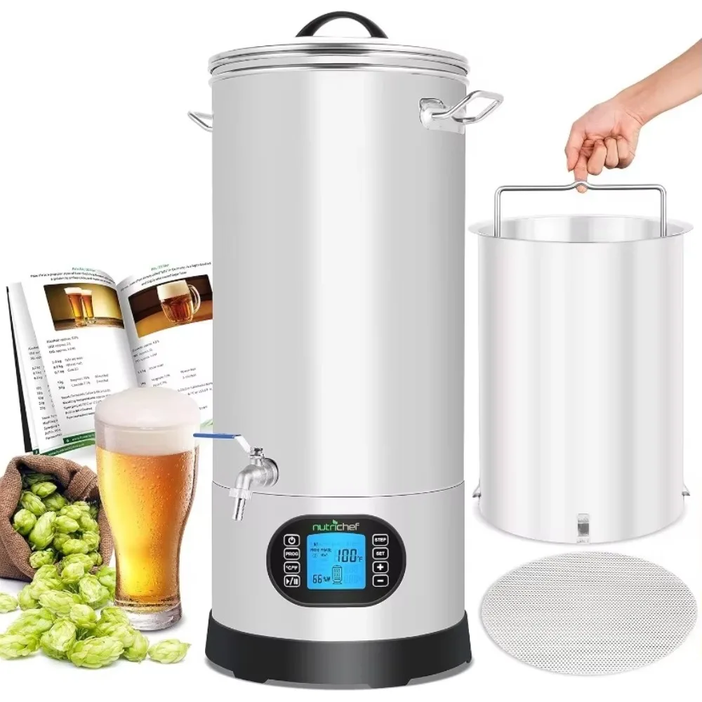 All In One Home Beer Brewing Mash and Boil Device 5-Piece Stainless Steel Set 9 Gallon 1600w Max w/ LCD Display