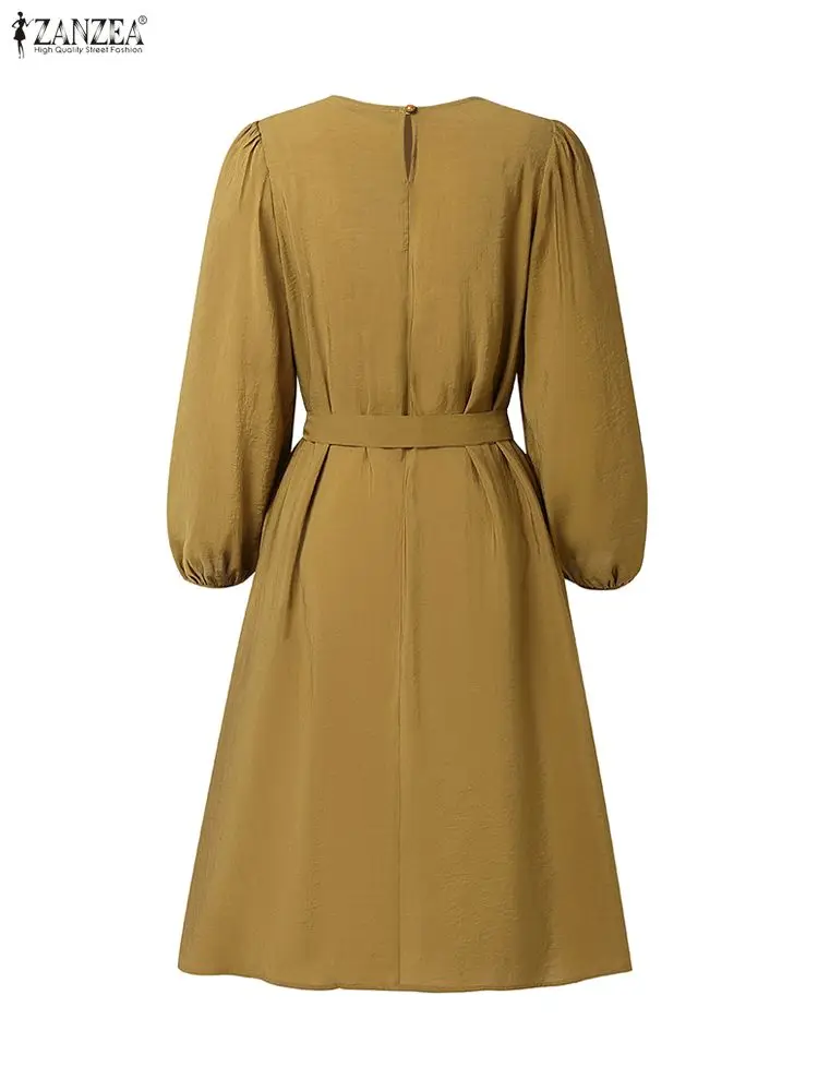 Zanzea moda feminina na altura do joelho vestidos casuais o-pescoço lanterna manga com cinto em camadas a linha vestido outono 2025 roupas femininas 3xl