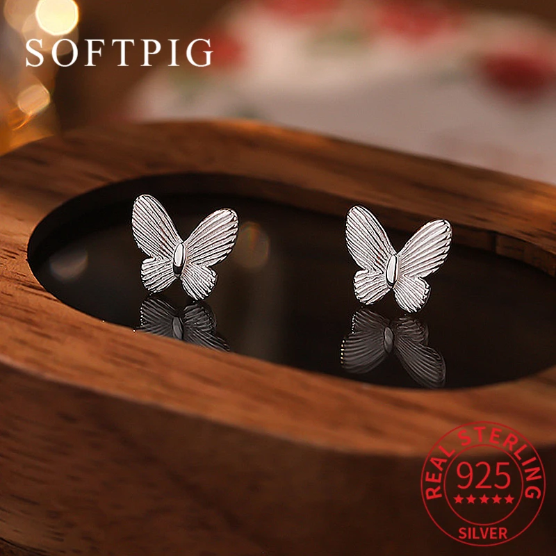 SOFTPIG Real S925 Sterling Silver 9*8mm Butterfly Stud Earrings for Women Cute Fine Jewelry Animal Accessories