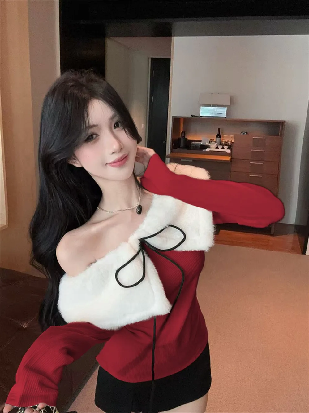 

Autumn Winter Spicy Girl Plu Splice One oulder Knitted Long Sve Soft Comfortable Women's Inner Wear irt Casual Sle