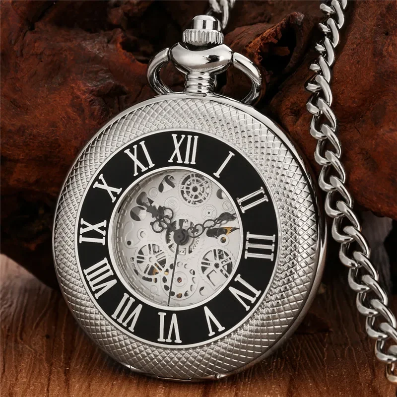 Silver Engraved Roman Number Cover Men Women Skeleton Handwinding Mechanical Pocket Watch FOB Chain Hollow-out Case Clock