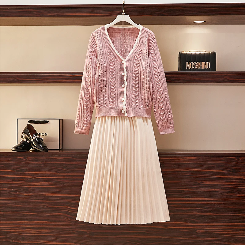 

Casual Two-piece Set For Women Long Sleeve Knit Cardigan Tops And Pleated Skirt Large Size Female Spring Autumn Matching Suits