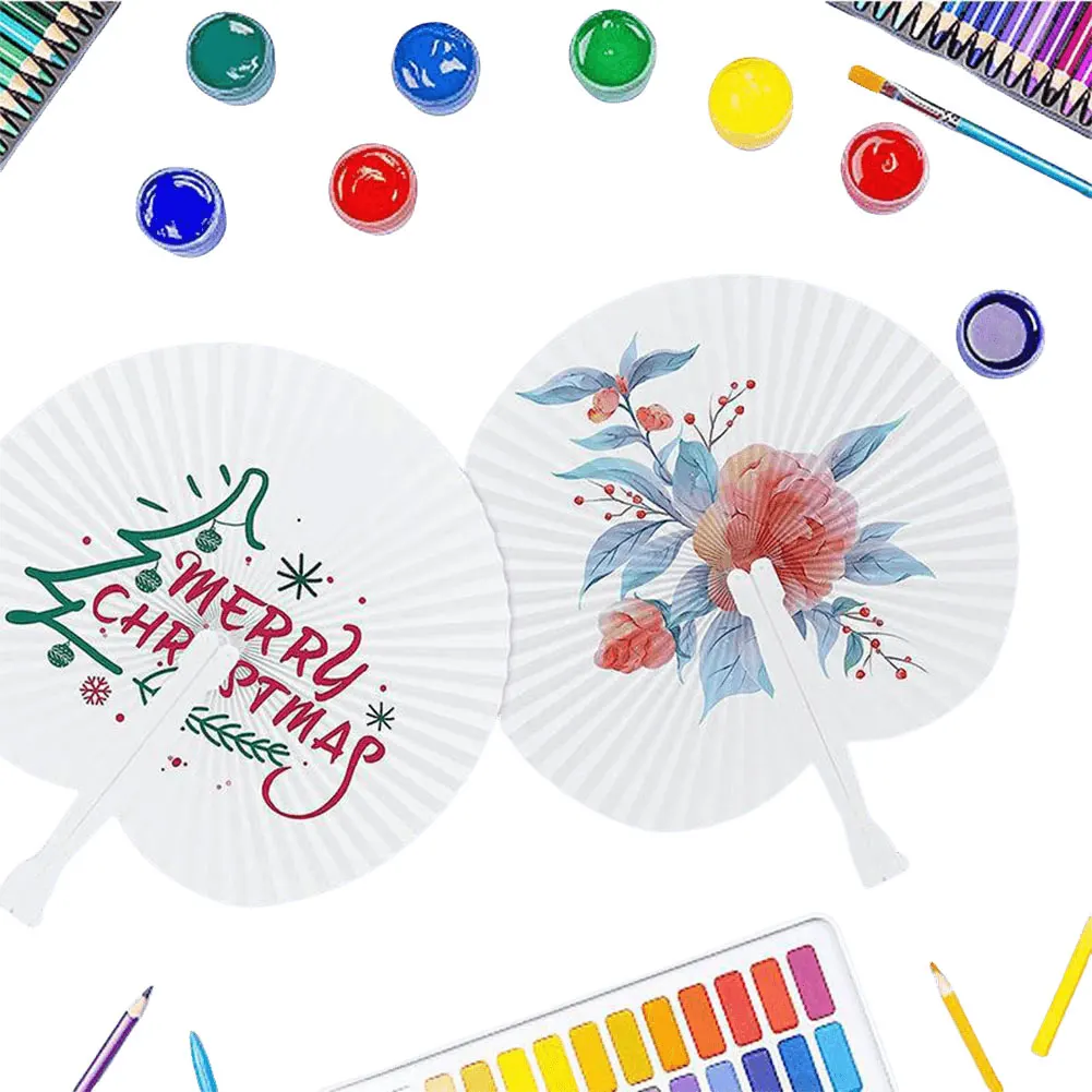 Round Shaped Hand Fan with Plastic Handle DIY Painting Fan Blank Handheld Fan for Wedding Party and Home Decoration
