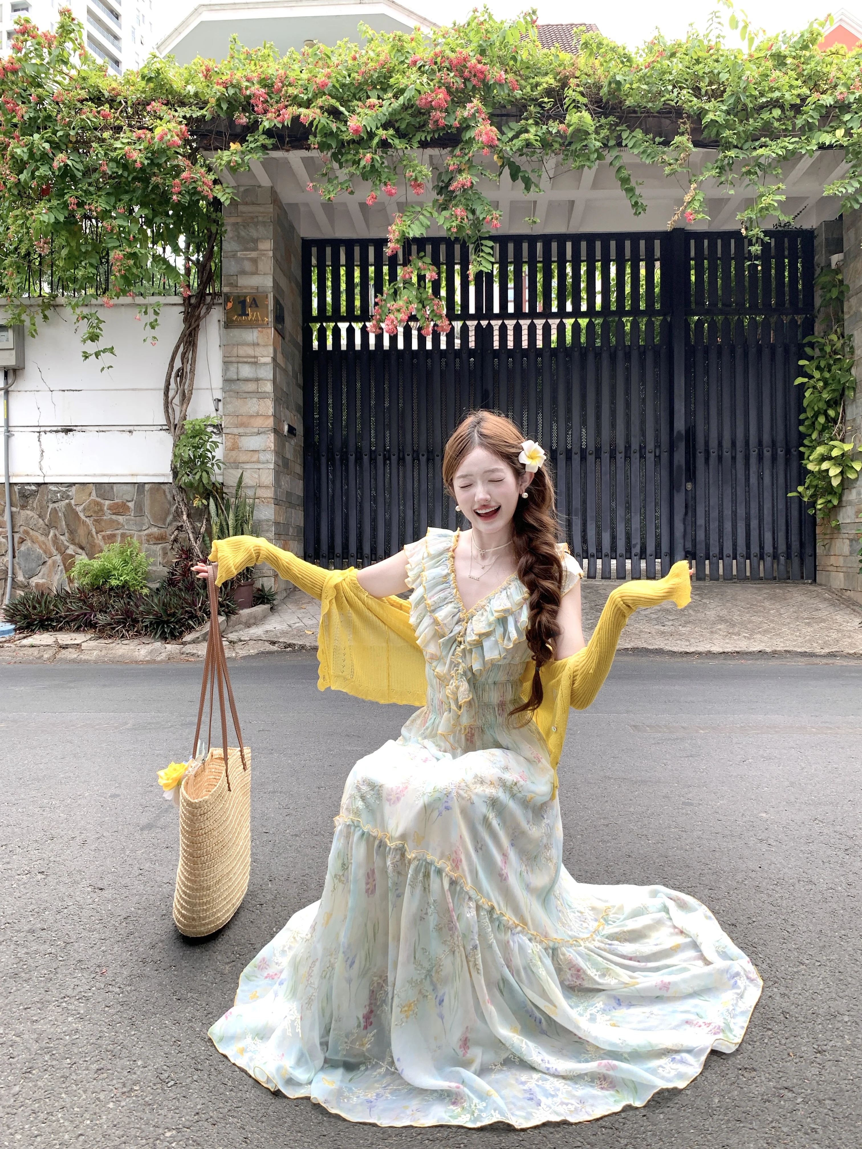 Acaine Romantic Long V-Neck Embroidered Waist-Cinched Skirt Dress Women's Dress Island Style Cake Skirt Summer Vacation Wear