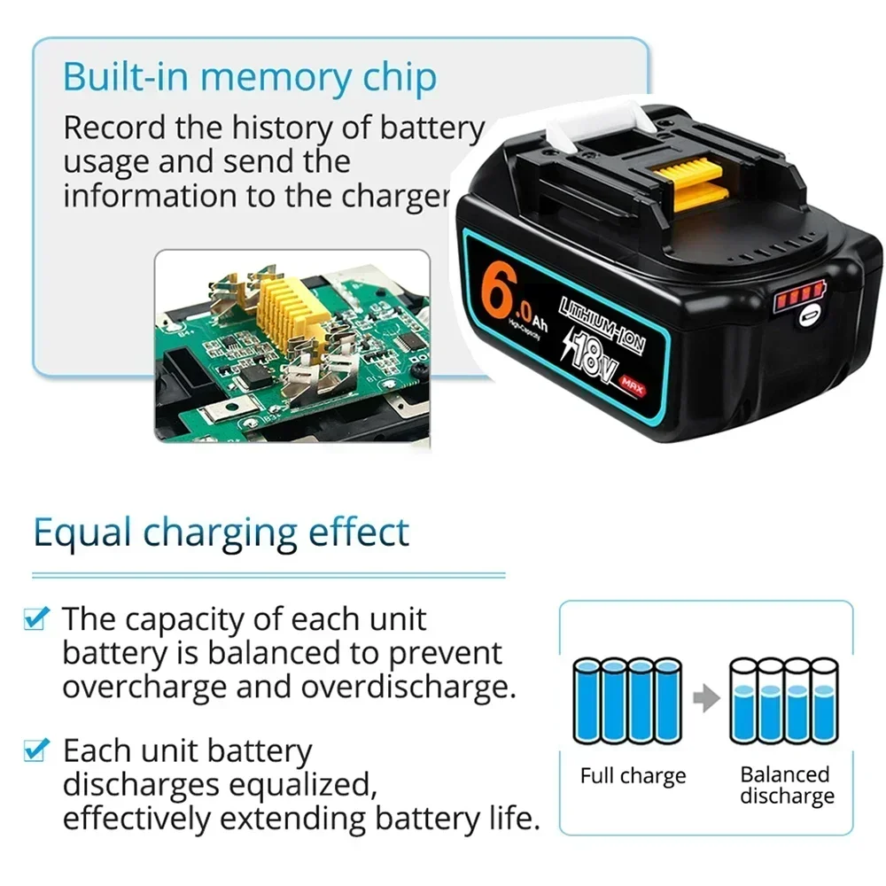 Upgraded 18V 6.0 8.0Ah Rechargeable Battery Replace for Makita Power Tools with LED Li-ion Replacement BL1860 1850  9A 6000mAh