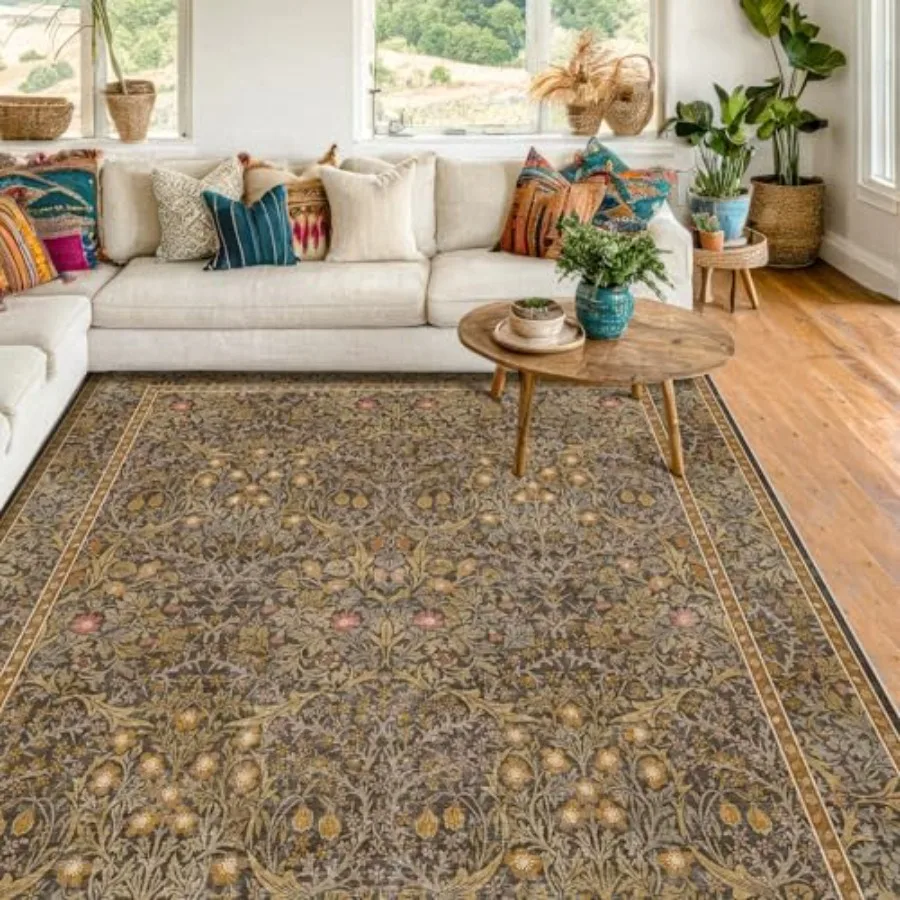 

Washable Dining Room Rugs for Under Table 6x9 Brown Oriental Area Rug for Living Room Low Pile NonSlip Floor Carpet for Bedroom