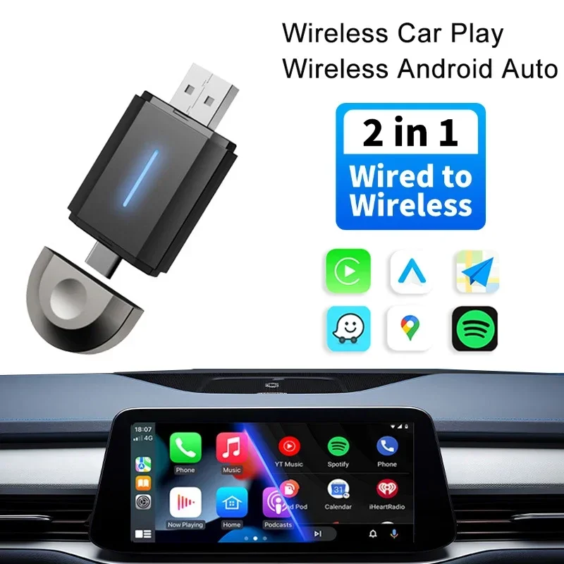 

Wireless Carplay Adapter Carplay Android Auto 2 in 1 USB&Type-C Dual Connector Carplay Box Plug And Play Wireless Adapter