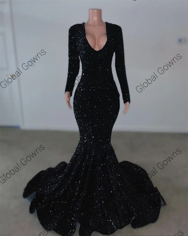 Sexy V Neck Long Prom Dress para meninas negras 2024 Sparkly Lantejoula Birthday Party Dresses com manga completa Evening Gown personalizado