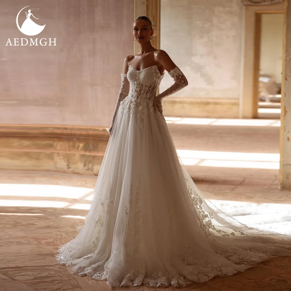 

Aedmgh A-Line Stunning Wedding Dresses For Women Strapless Illusion Vestido De Novia Lace Embroidery Custom Made Bridal Gowns