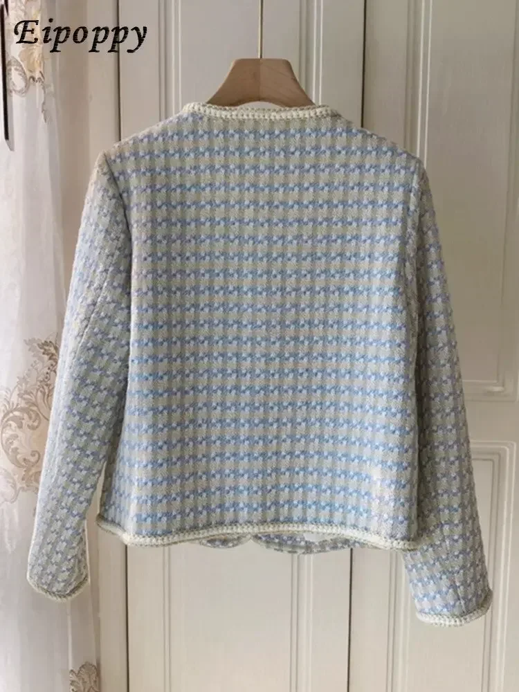 Wysokiej jakości francuski, Vintage mały, zapachowy płaszcz tweedowa kurtka damski wiosna jesień casualowy, smażony krótka w stylu ulicznym płaszcz w kratę