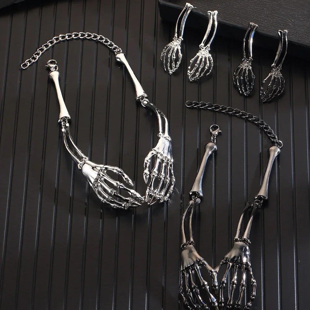 Monkton New Gothic Punk Style Skull Necklace Earrings for Women Halloween Jewelry Gift Set Hip Pop Party Jewelry