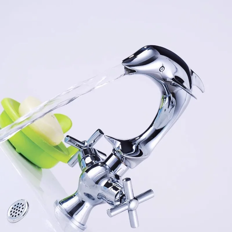 Chrome Dolphin Design Basin Faucet Hot and Cold Bathroom Single Lever Brass Chrome Rotation Sink Mixer Tap Decked