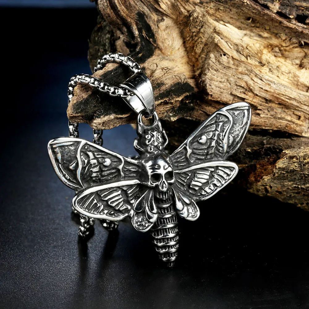 Vintage Dark Death Head Skull Butterfly Moth Pendant Necklace For Men Stainless Steel Mystic Animal Amulet Charm Jewelry Gifts