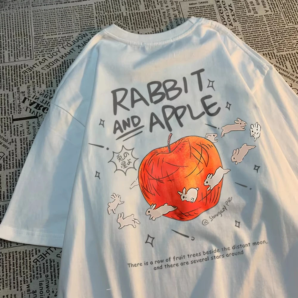 Rabbits Running Around Apples Print Mans Tees Cartoon Breathable T Shirts Popular Comfort T-Shirt Retro Round Neck Short Sleeved