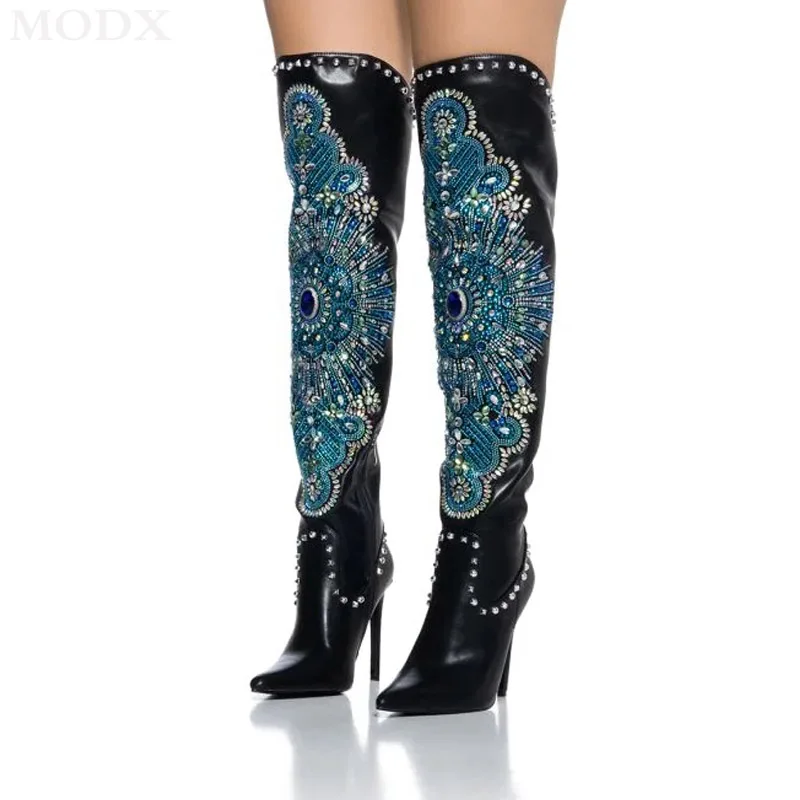 

Mixed Colors Crystals Embroidered Over-the-Knee Boots Luxury Glitter Gemstones Pointed Toe 10 CM 12CM Heel Side Zip Leather Boot