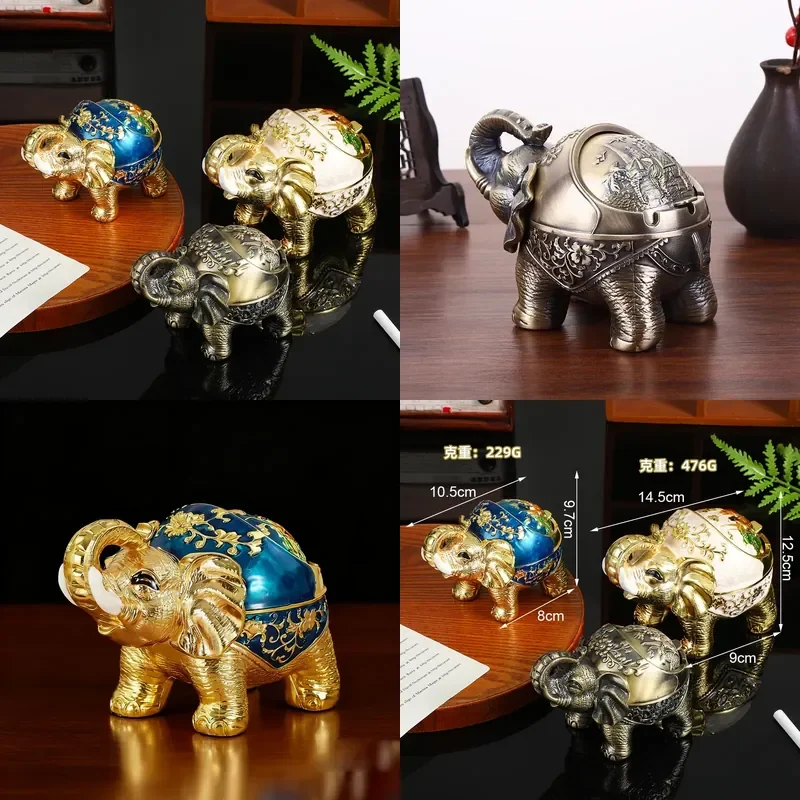Retro Elephant Ashtray with Lid Luxury Home Decor Creative Living Room Ornament Anti Dust Cigarette Holder