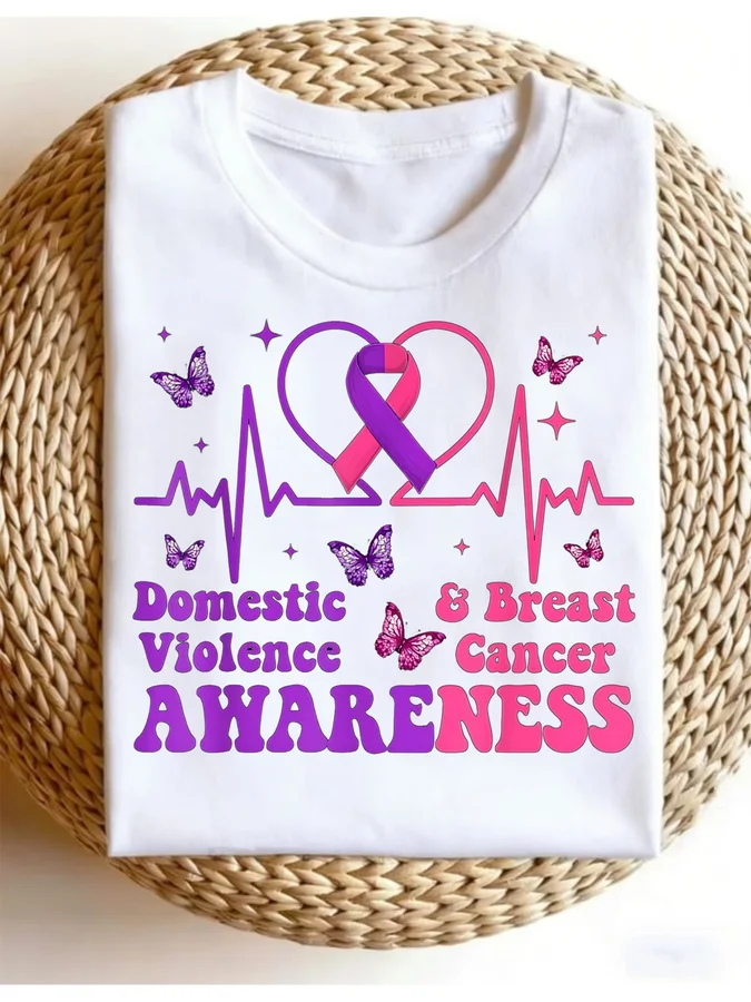 Breast Cancer Awareness Shirt Women Domestic Violence T-Shirt Pink Purple Ribbon Graphic Tees Charity Events Casual Short Sleeve Tops