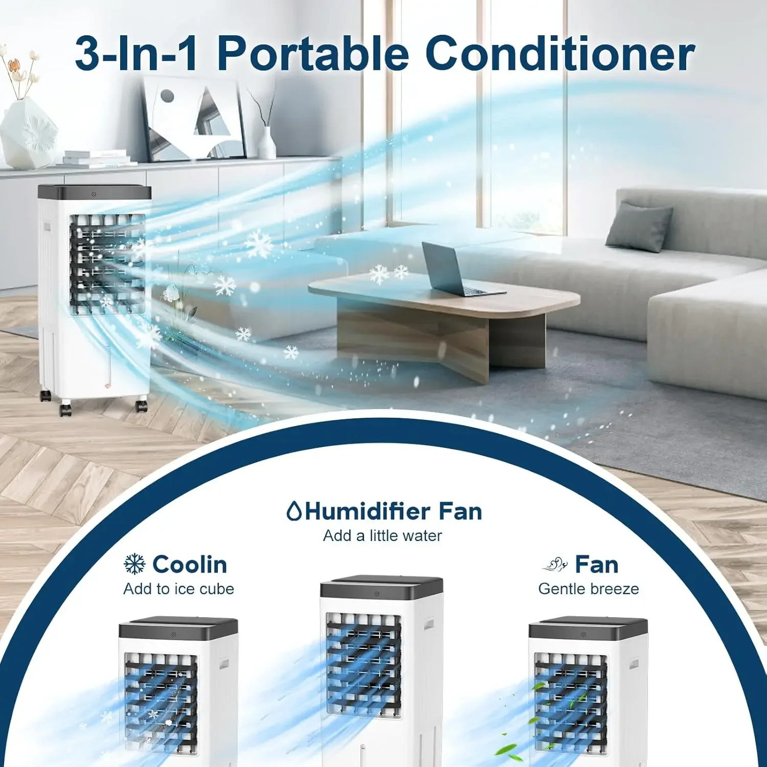 Aire acondicionado eficiente de 3 velocidades con tanque de 3 galones y cable de extensión de 78 "para 20 horas de tiempo de refrigeración y osquilla de 70 °, 2024