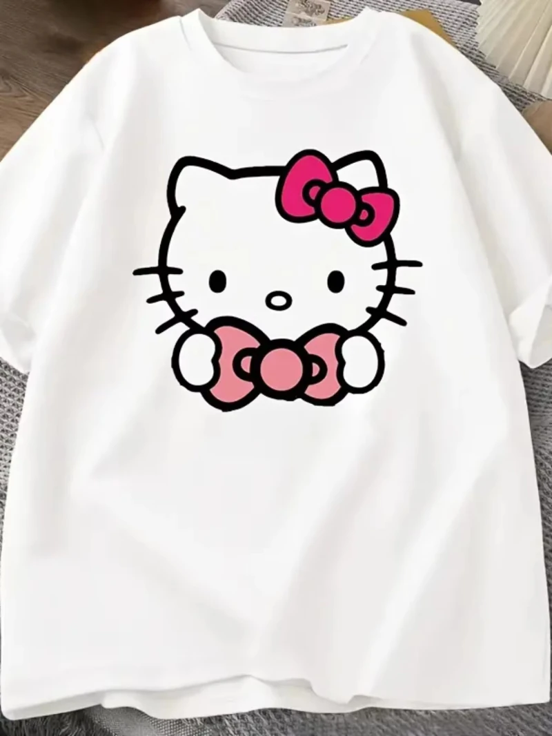 MINISO Harajuku مريحة Kawaii تي شيرت قطنية عالية الجودة حجم كبير الشارع الشهير ل مرحبا كيتي لطيف مطبوعة موضة المرأة تي شيرت
